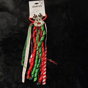 Claire's Festive Reindeer Hair Clip with Red and Green Ribbons